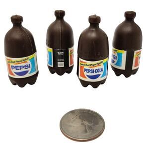 4 Vintage Barbie Doll Size Mini Pepsi Cola 2 Liter Bottles Brown Plastic Grocery